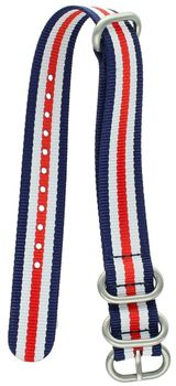 Pasek NATO 004 w granatowo-biało-czerwonych barwach. Długość 28 cm, szerokość 17 mm, sprzączka stalowa w srebrnym kolorze. Idealny do zegarków sportowych i casualowych.2.jpg